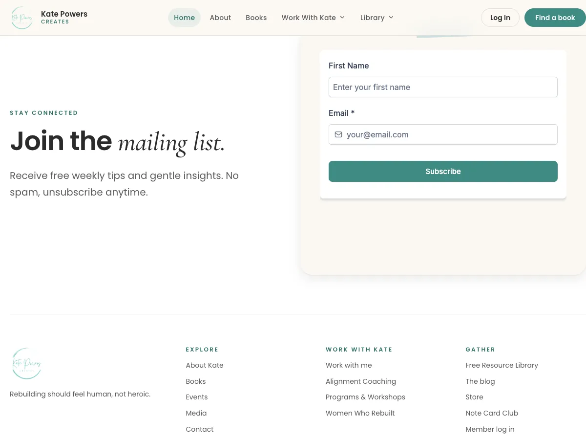 The mailing-list signup on Kate Powers Creates, feeding the newsletter we run