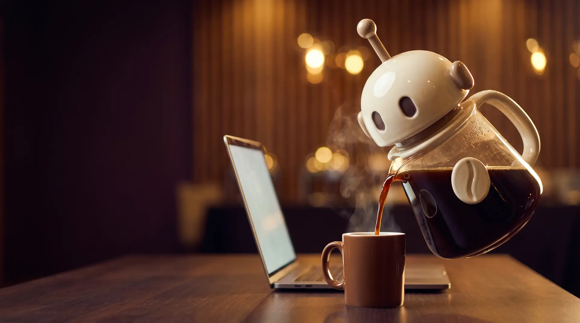 The Robots and Coffee robot pouring coffee next to a laptop
